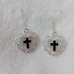 Silver tone heart black cross